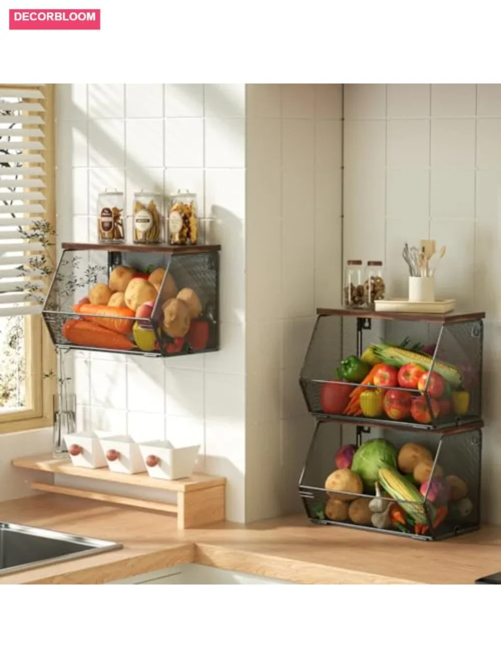 Wire Fruit Basket with Wood Lid Wall Mounted Stackable Kitchen Storage 3 Pack